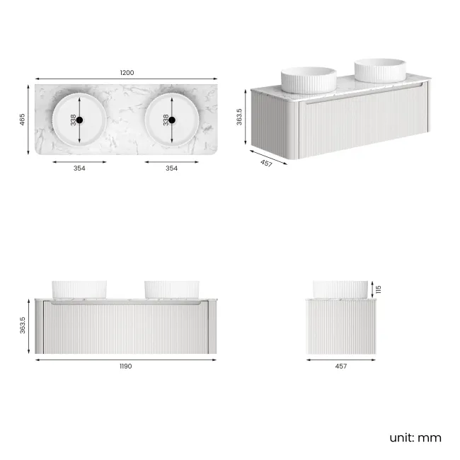 Sorrento Fluted Coastal White Double Wall Hung Drawer Vanity with Marble Top & Nevis Basin 1200mm