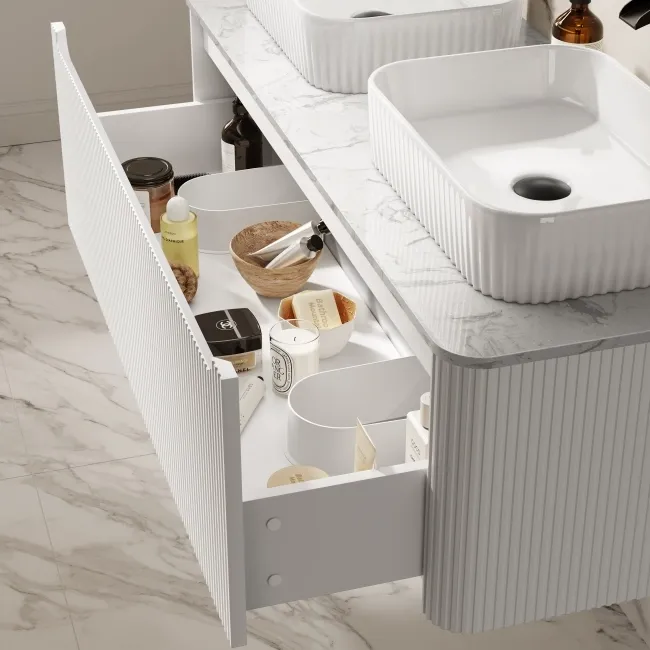 Sorrento Fluted Coastal White Double Wall Hung Drawer Vanity with Marble Top & Reno Basin 1200mm