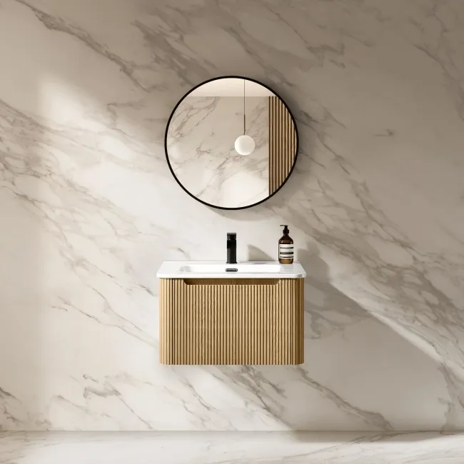 Sorrento Fluted Country Oak Wall Hung Basin Drawer Vanity 600mm