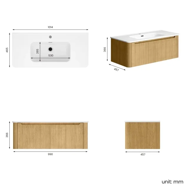 Sorrento Fluted Country Oak Wall Hung Basin Drawer Vanity 1000mm