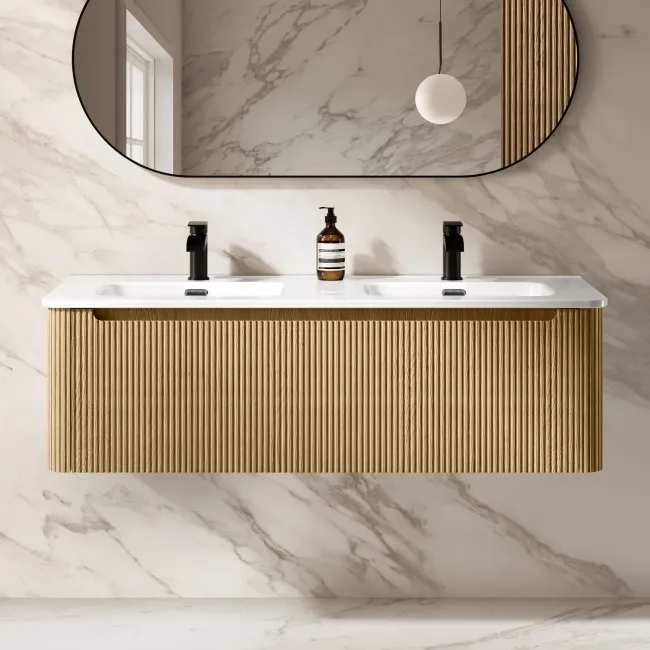 Sorrento Fluted Country Oak Wall Hung Double Basin Drawer Vanity 1200mm