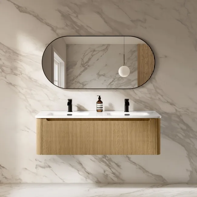 Sorrento Fluted Country Oak Wall Hung Double Basin Drawer Vanity 1200mm