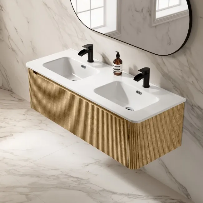 Sorrento Fluted Country Oak Wall Hung Double Basin Drawer Vanity 1200mm