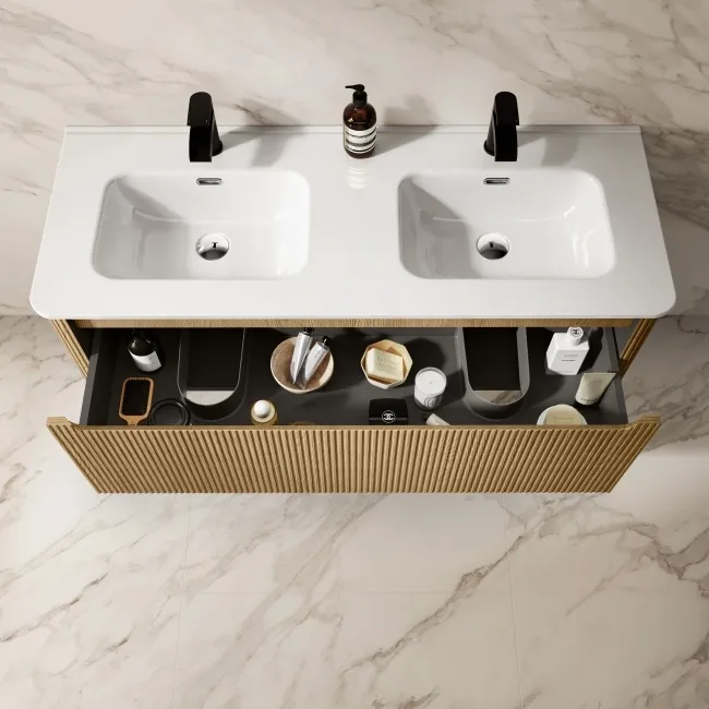 Sorrento Fluted Country Oak Wall Hung Double Basin Drawer Vanity 1200mm