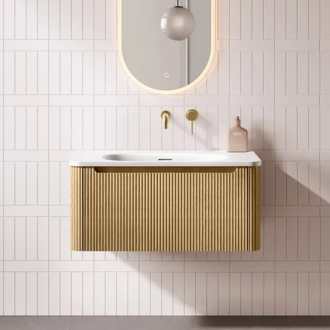 Sorrento Fluted Country Oak Wall Hung Drawer Vanity with Matt White Basin 800mm