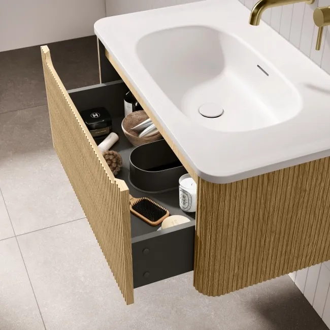 Sorrento Fluted Country Oak Wall Hung Drawer Vanity with Matt White Basin 800mm