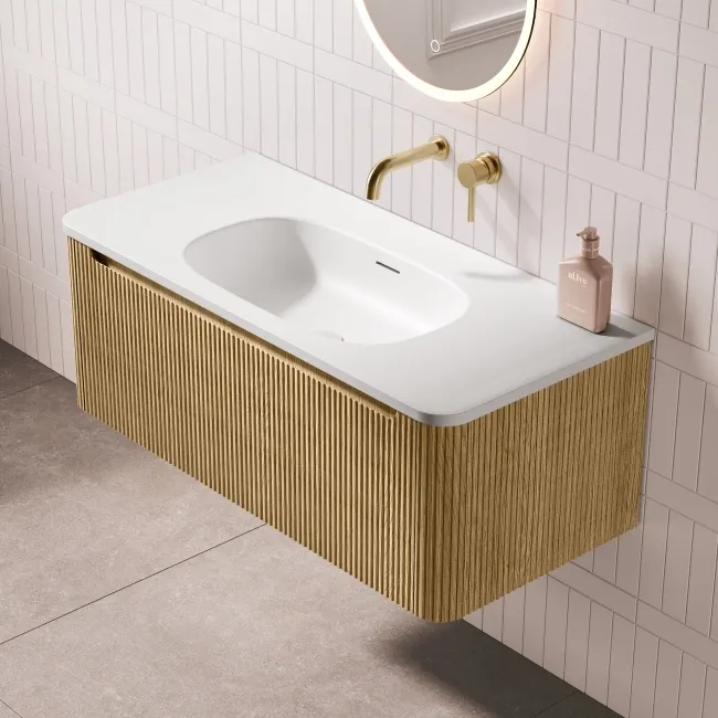 Sorrento Fluted Country Oak Wall Hung Drawer Vanity with Matt White Basin 1000mm