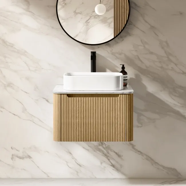 Sorrento Fluted Country Oak Wall Hung Drawer Vanity with Marble Top & Marin Basin 600mm