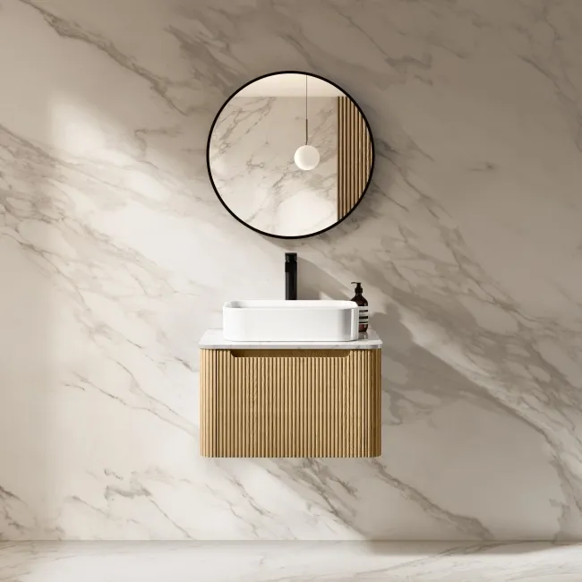 Sorrento Fluted Country Oak Wall Hung Drawer Vanity with Marble Top & Marin Basin 600mm