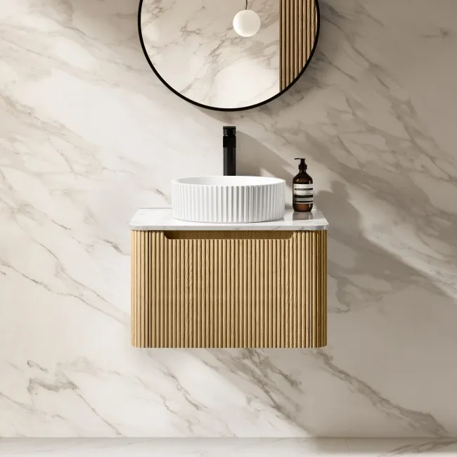 Sorrento Fluted Country Oak Wall Hung Drawer Vanity with Marble Top & Nevis Basin 600mm