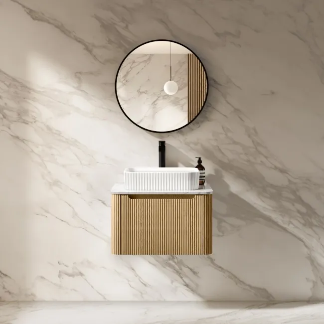 Sorrento Fluted Country Oak Wall Hung Drawer Vanity with Marble Top & Reno Basin 600mm