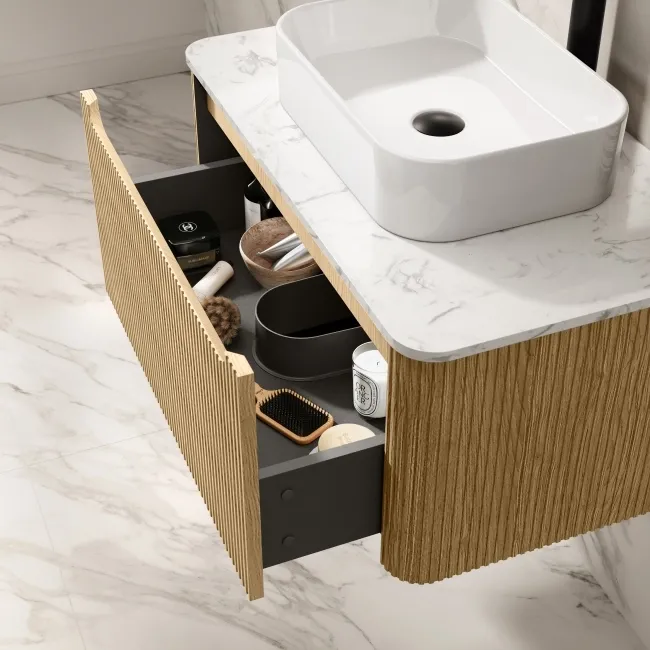 Sorrento Fluted Country Oak Wall Hung Drawer Vanity with Marble Top & Marin Basin 800mm