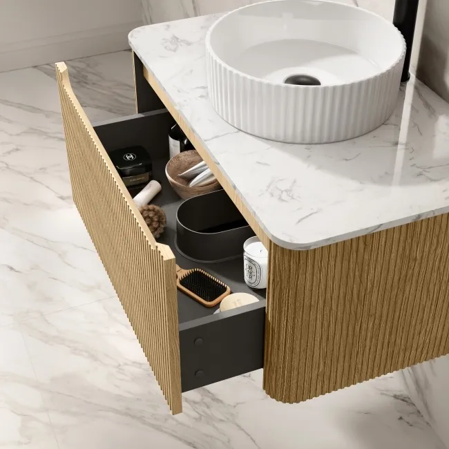 Sorrento Fluted Country Oak Wall Hung Drawer Vanity with Marble Top & Nevis Basin 800mm