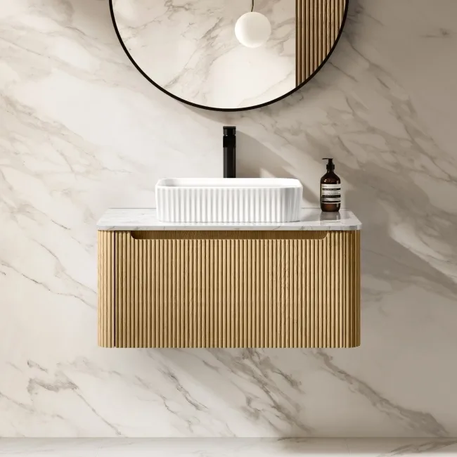 Sorrento Fluted Country Oak Wall Hung Drawer Vanity with Marble Top & Reno Basin 800mm