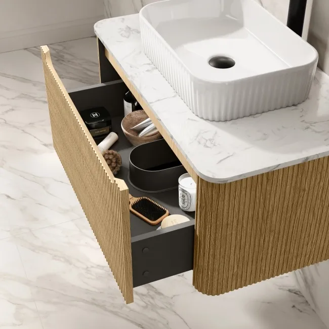Sorrento Fluted Country Oak Wall Hung Drawer Vanity with Marble Top & Reno Basin 800mm