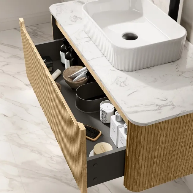 Sorrento Fluted Country Oak Wall Hung Drawer Vanity with Marble Top & Reno Basin 1000mm