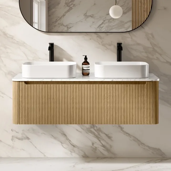 Sorrento Fluted Country Oak Double Wall Hung Drawer Vanity with Marble Top & Marin Basin 1200mm