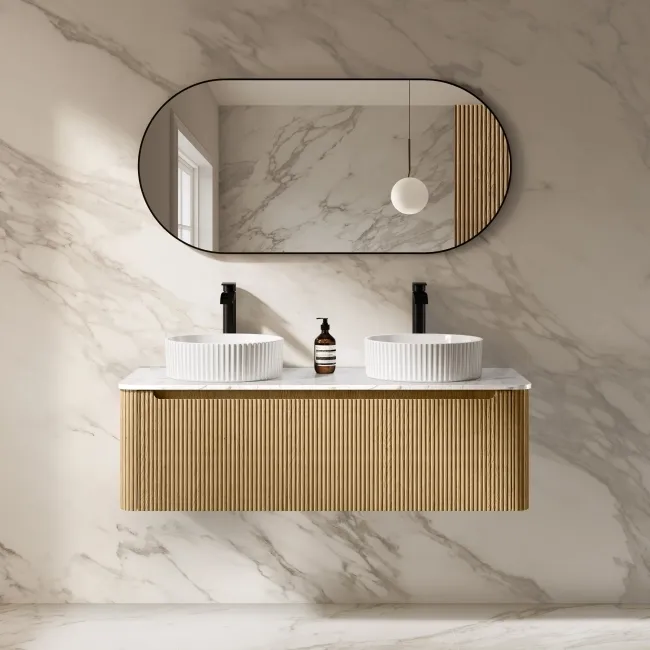 Sorrento Fluted Country Oak Double Wall Hung Drawer Vanity with Marble Top & Nevis Basin 1200mm
