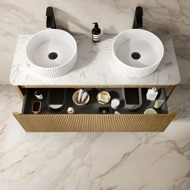 Sorrento Fluted Country Oak Double Wall Hung Drawer Vanity with Marble Top & Nevis Basin 1200mm