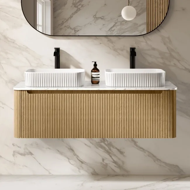 Sorrento Fluted Country Oak Double Wall Hung Drawer Vanity with Marble Top & Reno Basin 1200mm