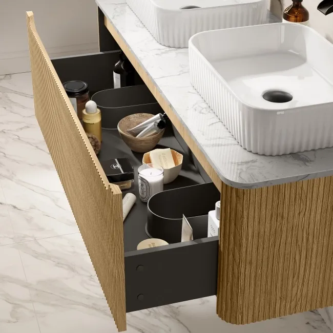 Sorrento Fluted Country Oak Double Wall Hung Drawer Vanity with Marble Top & Reno Basin 1200mm