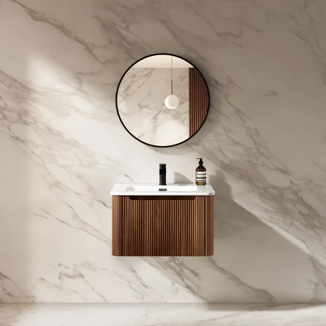 Sorrento Fluted Black Walnut Wall Hung Basin Drawer Vanity 600mm