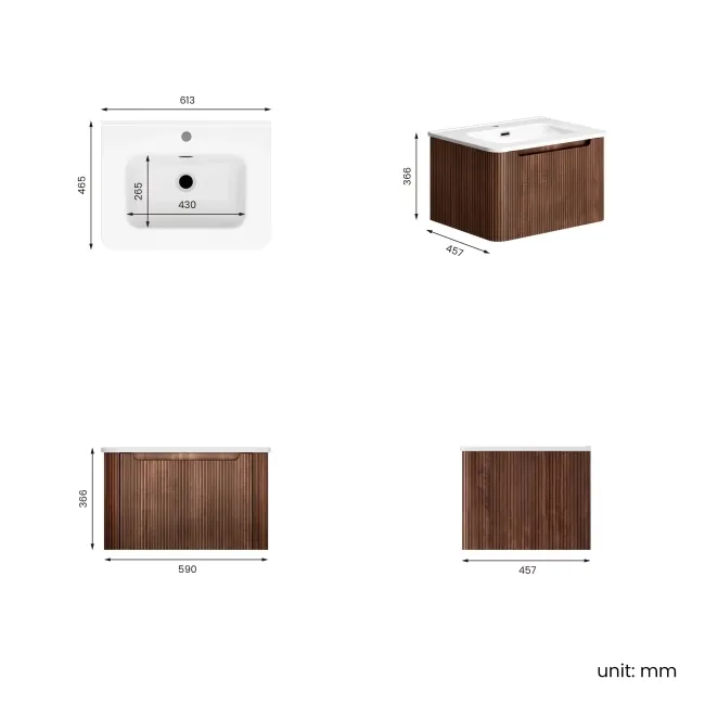 Sorrento Fluted Black Walnut Wall Hung Basin Drawer Vanity 600mm