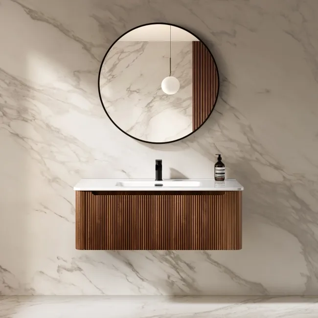 Sorrento Fluted Black Walnut Wall Hung Basin Drawer Vanity 1000mm