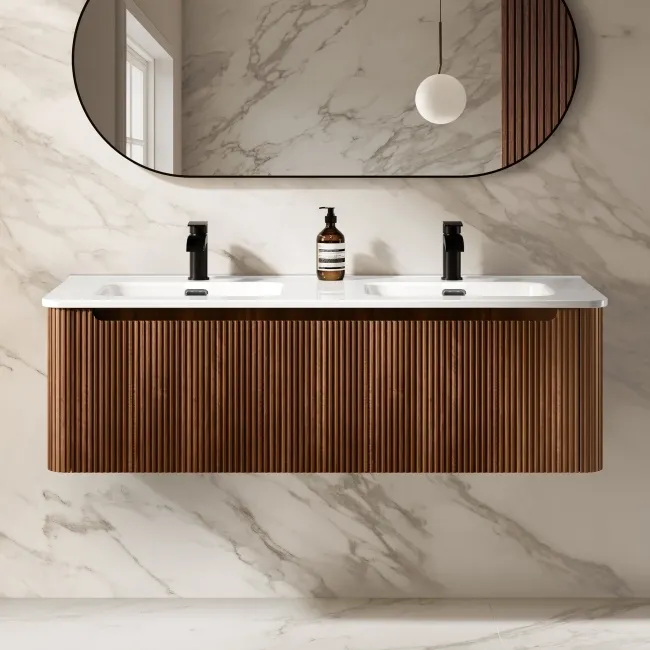 Sorrento Fluted Black Walnut Wall Hung Double Basin Drawer Vanity 1200mm