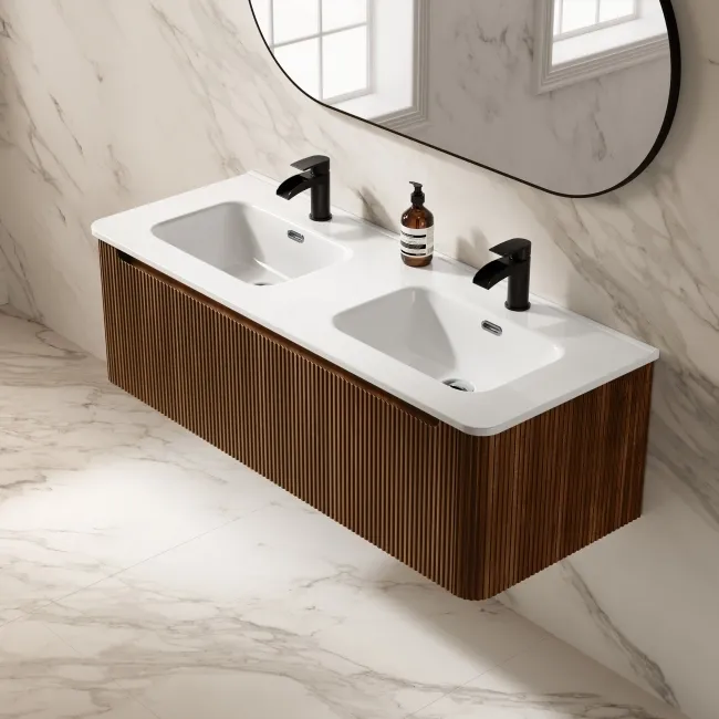 Sorrento Fluted Black Walnut Wall Hung Double Basin Drawer Vanity 1200mm