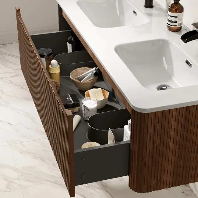 Sorrento Fluted Black Walnut Wall Hung Double Basin Drawer Vanity 1200mm