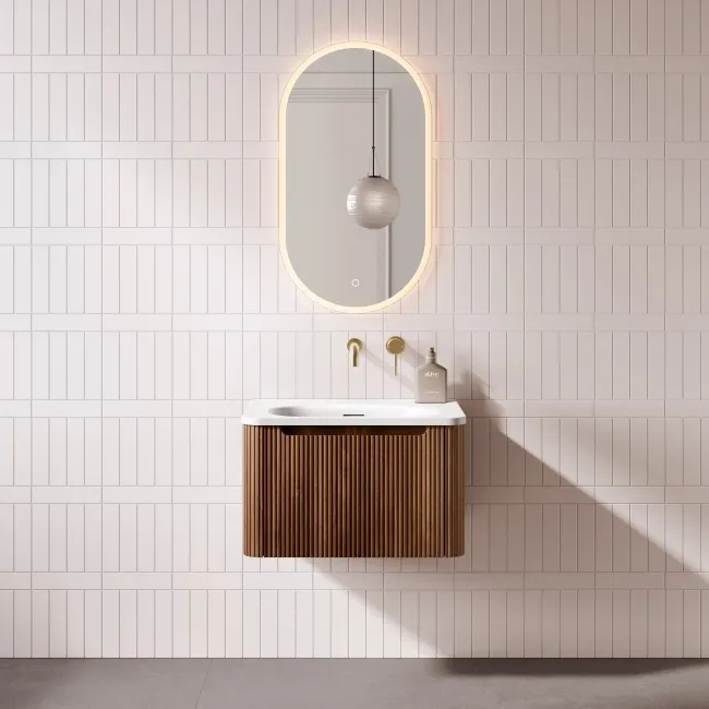 Sorrento Fluted Black Walnut Wall Hung Drawer Vanity with Matt White Basin 600mm