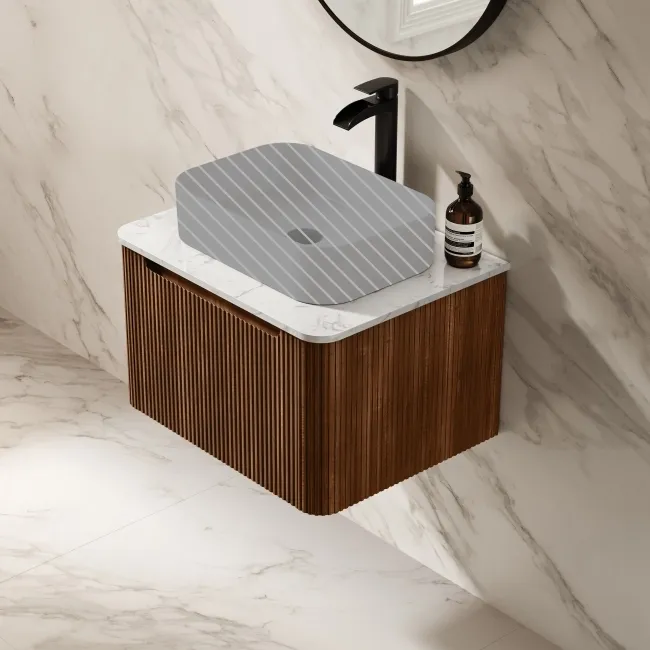 Sorrento Fluted Black Walnut Wall Hung Drawer Vanity with Marble Top 600mm - No Basin