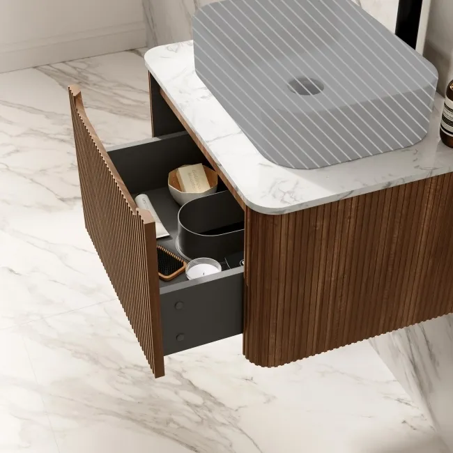 Sorrento Fluted Black Walnut Wall Hung Drawer Vanity with Marble Top 600mm - No Basin
