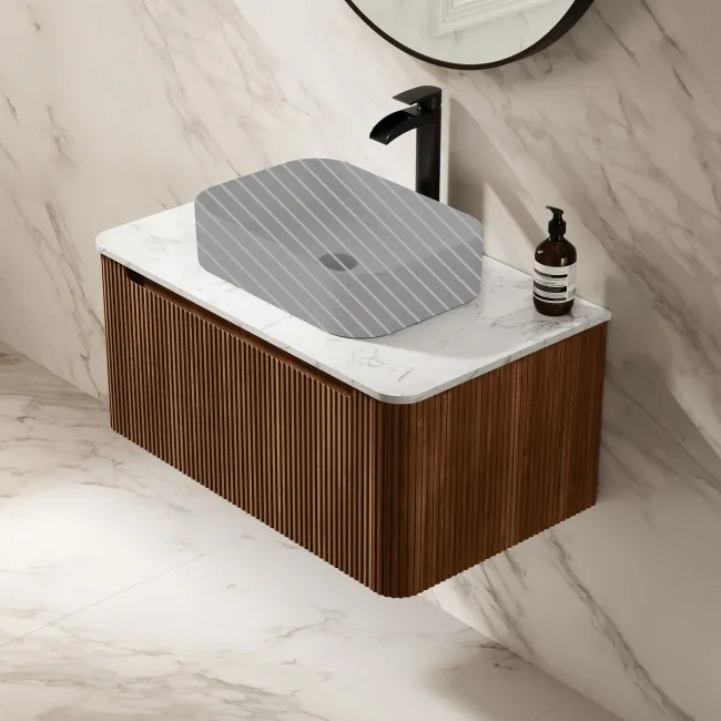 Sorrento Fluted Black Walnut Wall Hung Drawer Vanity with Marble Top 800mm - No Basin