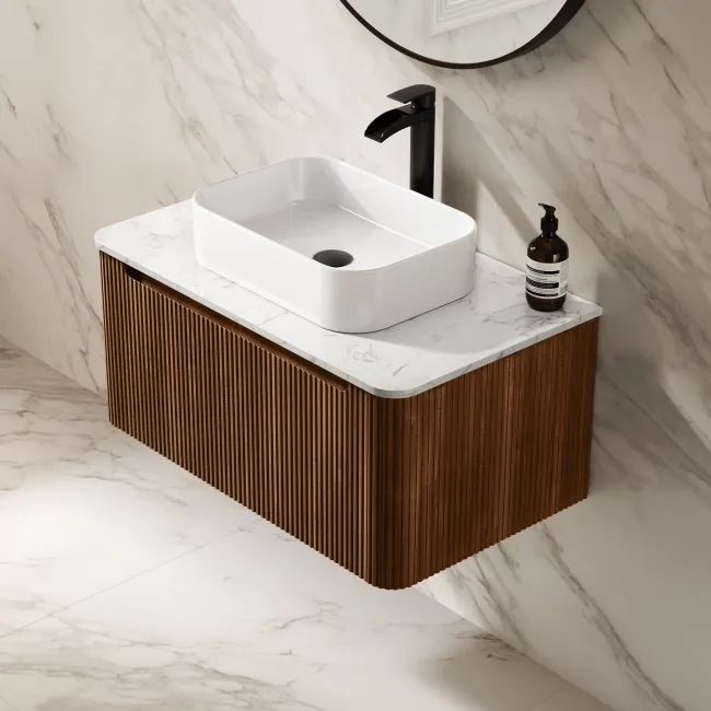 Sorrento Fluted Black Walnut Wall Hung Drawer Vanity with Marble Top & Marin Basin 800mm