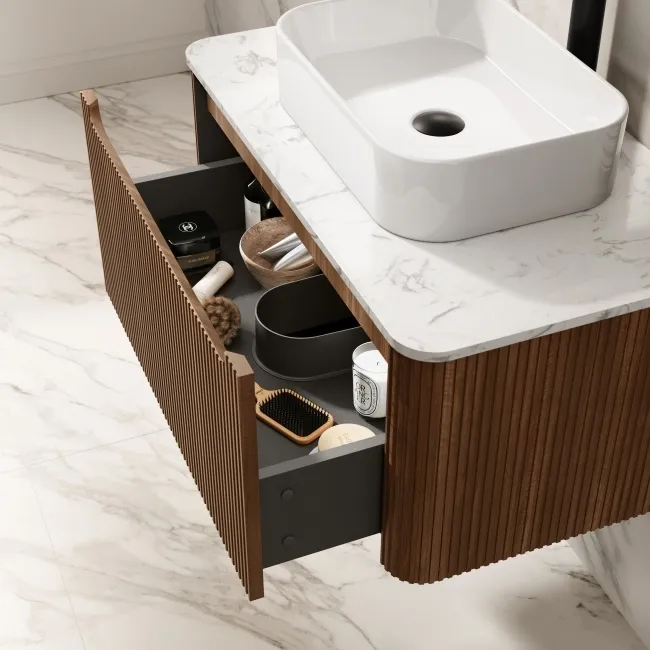 Sorrento Fluted Black Walnut Wall Hung Drawer Vanity with Marble Top & Marin Basin 800mm