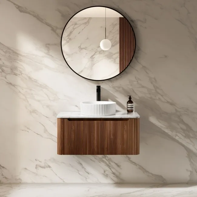Sorrento Fluted Black Walnut Wall Hung Drawer Vanity with Marble Top & Nevis Basin 800mm