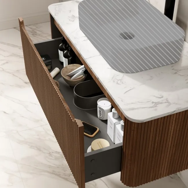 Sorrento Fluted Black Walnut Wall Hung Drawer Vanity with Marble Top 1000mm - No Basin