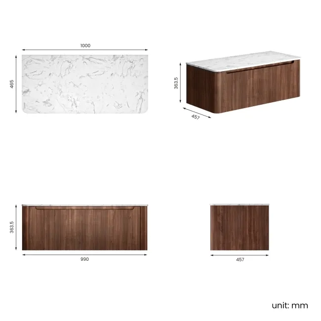 Sorrento Fluted Black Walnut Wall Hung Drawer Vanity with Marble Top 1000mm - No Basin