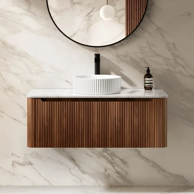 Sorrento Fluted Black Walnut Wall Hung Drawer Vanity with Marble Top & Nevis Basin 1000mm