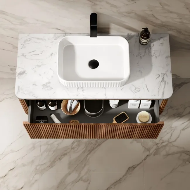 Sorrento Fluted Black Walnut Wall Hung Drawer Vanity with Marble Top & Reno Basin 1000mm