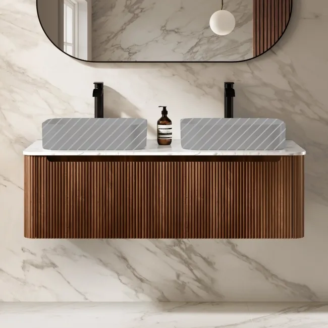 Sorrento Fluted Black Walnut Double Wall Hung Drawer Vanity with Marble Top 1200mm - No Basin