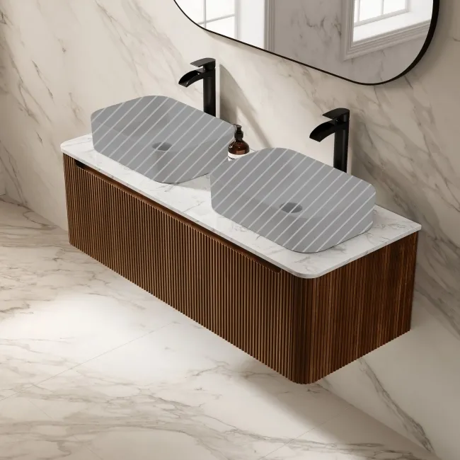 Sorrento Fluted Black Walnut Double Wall Hung Drawer Vanity with Marble Top 1200mm - No Basin