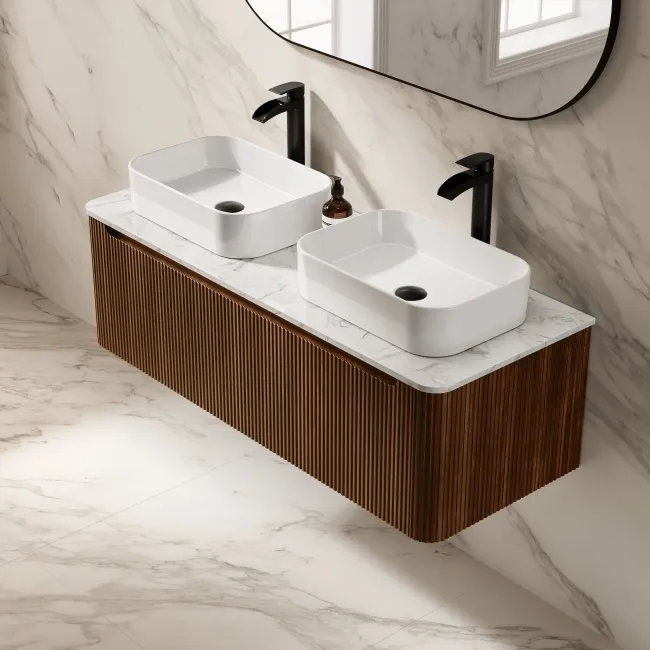 Sorrento Fluted Black Walnut Double Wall Hung Drawer Vanity with Marble Top & Marin Basin 1200mm