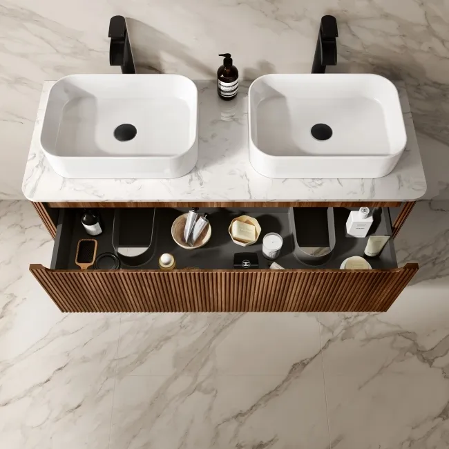 Sorrento Fluted Black Walnut Double Wall Hung Drawer Vanity with Marble Top & Marin Basin 1200mm