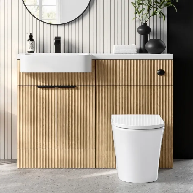 Sicily Fluted Country Oak Vanity Basin and Tucson Toilet 1200mm - Black Accents - Left Handed