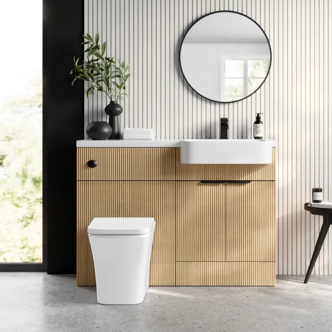 Sicily Fluted Country Oak Vanity Basin and Houston Toilet 1200mm - Black Accents - Right Handed