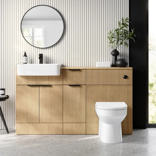 Sicily Fluted Country Oak Combination Vanity Basin and Miami Toilet 1500mm - Black Accents