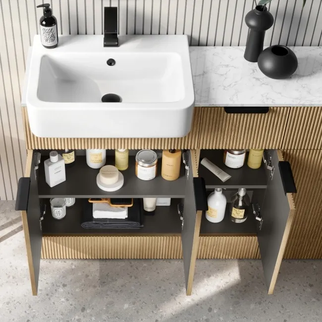 Sicily Fluted Country Oak Vanity Basin with Marble Top 1500mm (Excludes Toilet) - Black Accents